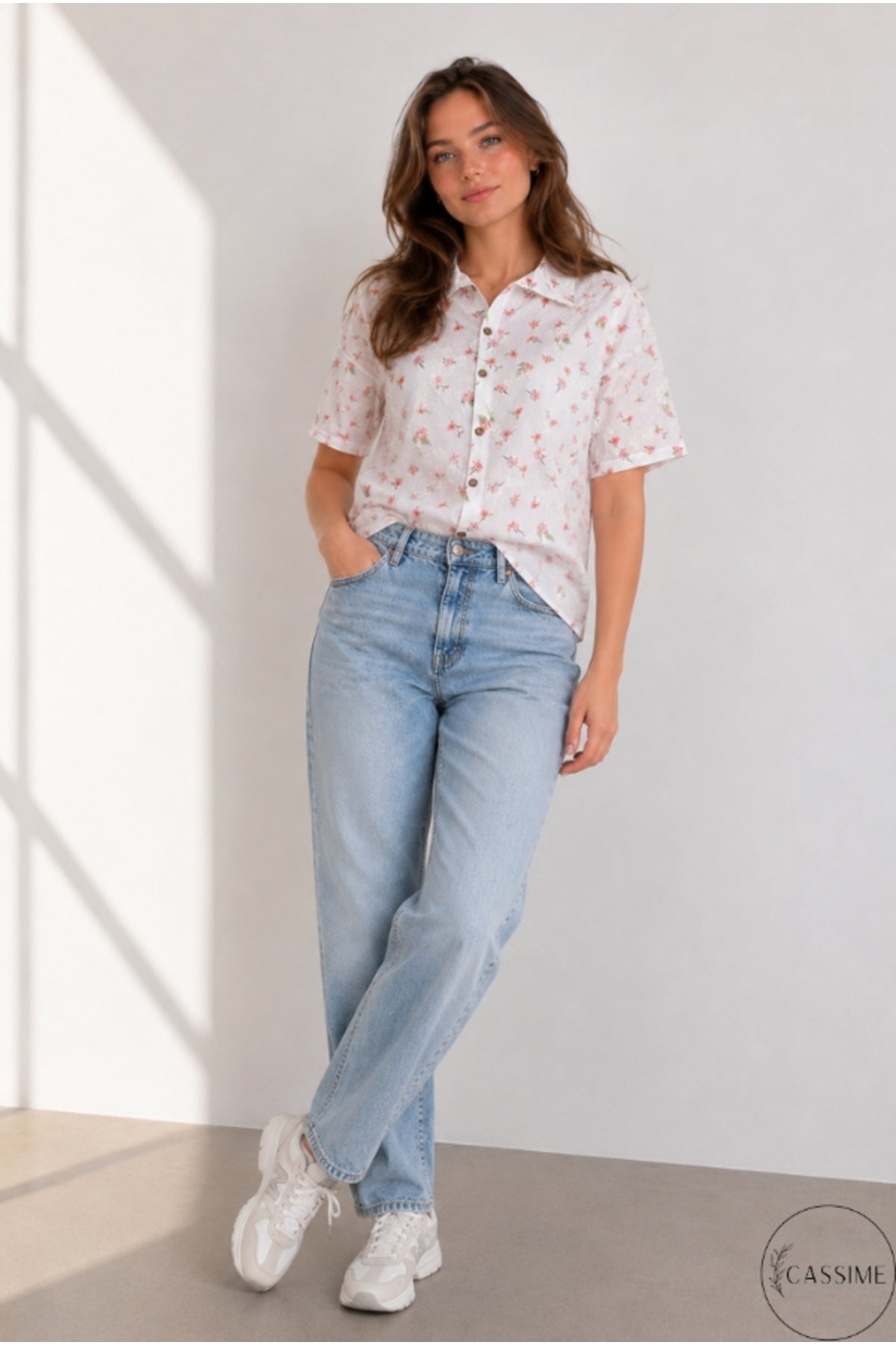 Women's pink mini floral cotton shirt - view 2