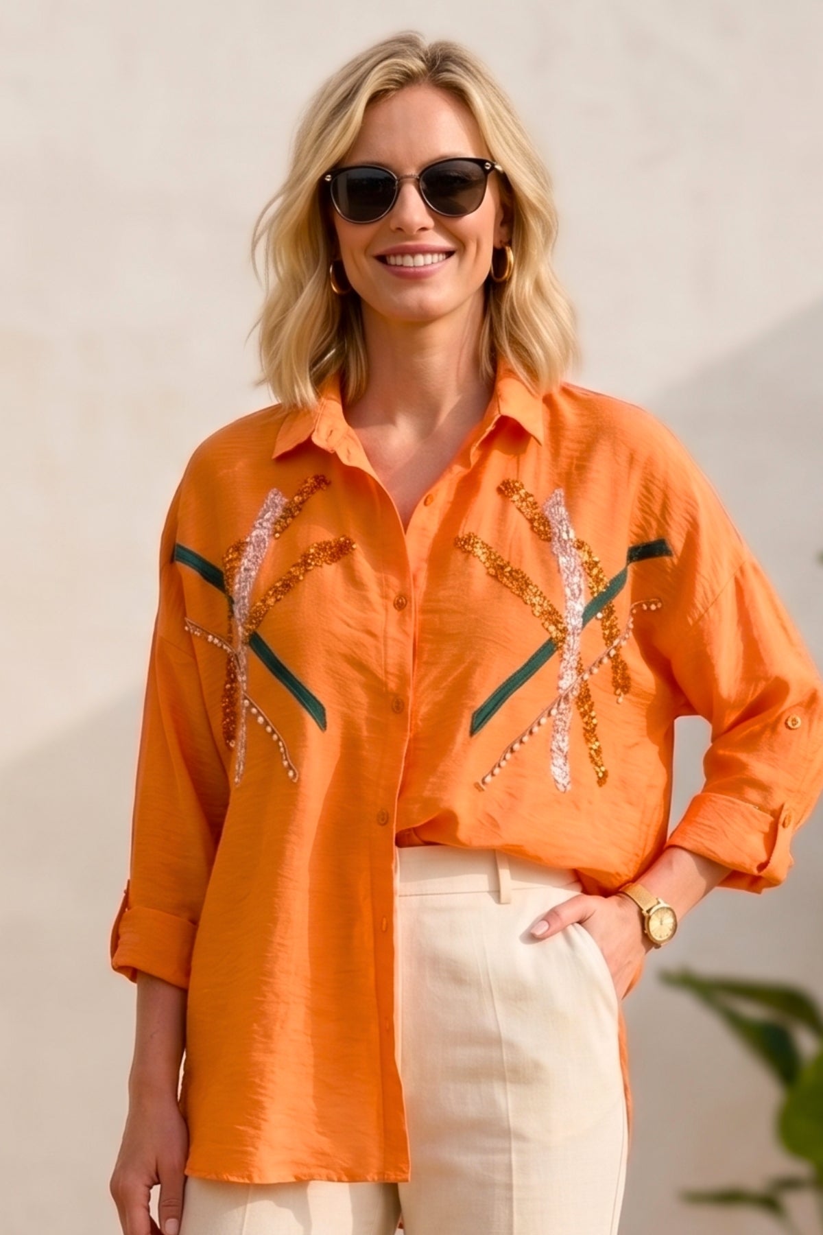 Natasha Women's Embroidered Oversized Shirt - Orange
