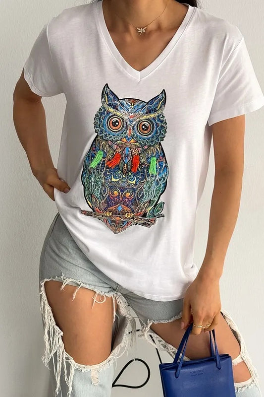 Tilda Leopar Desenli Payetli Tişört - Beyaz 