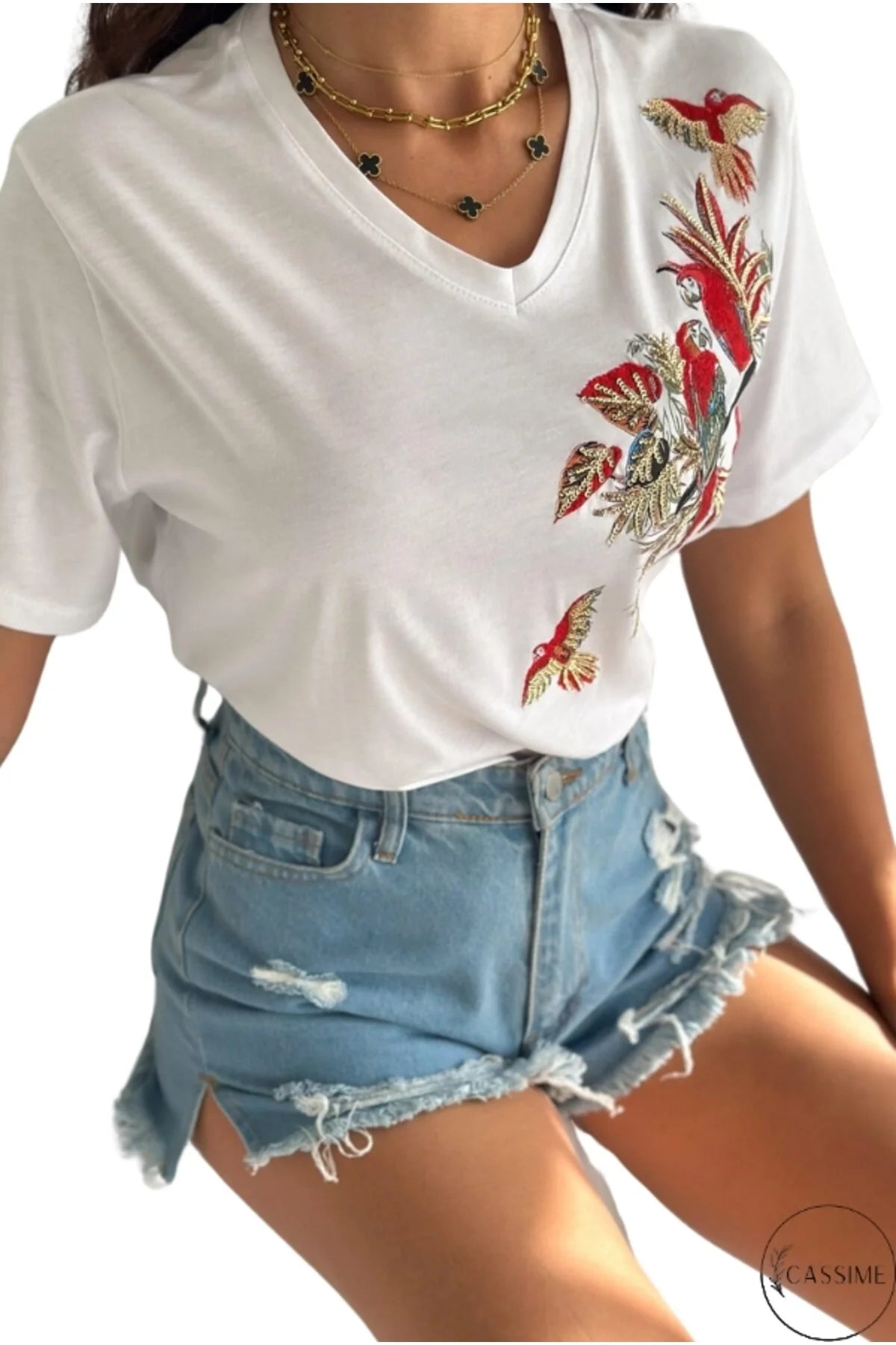 Tilda White Parrot Floral Design Cotton T-Shirt
