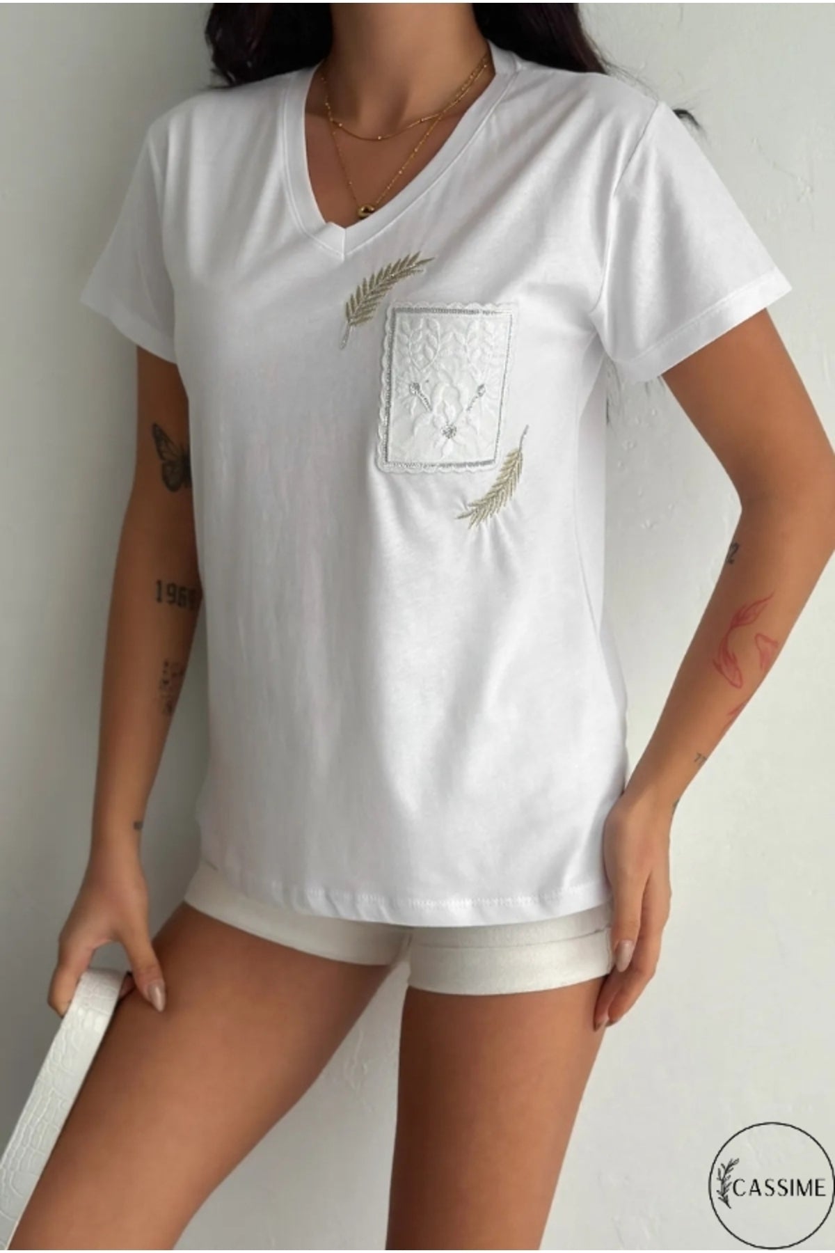 Olivia Women's Cotton Plus Size Embellished V-Neck T-Shirt - White with Pocket Embroidery