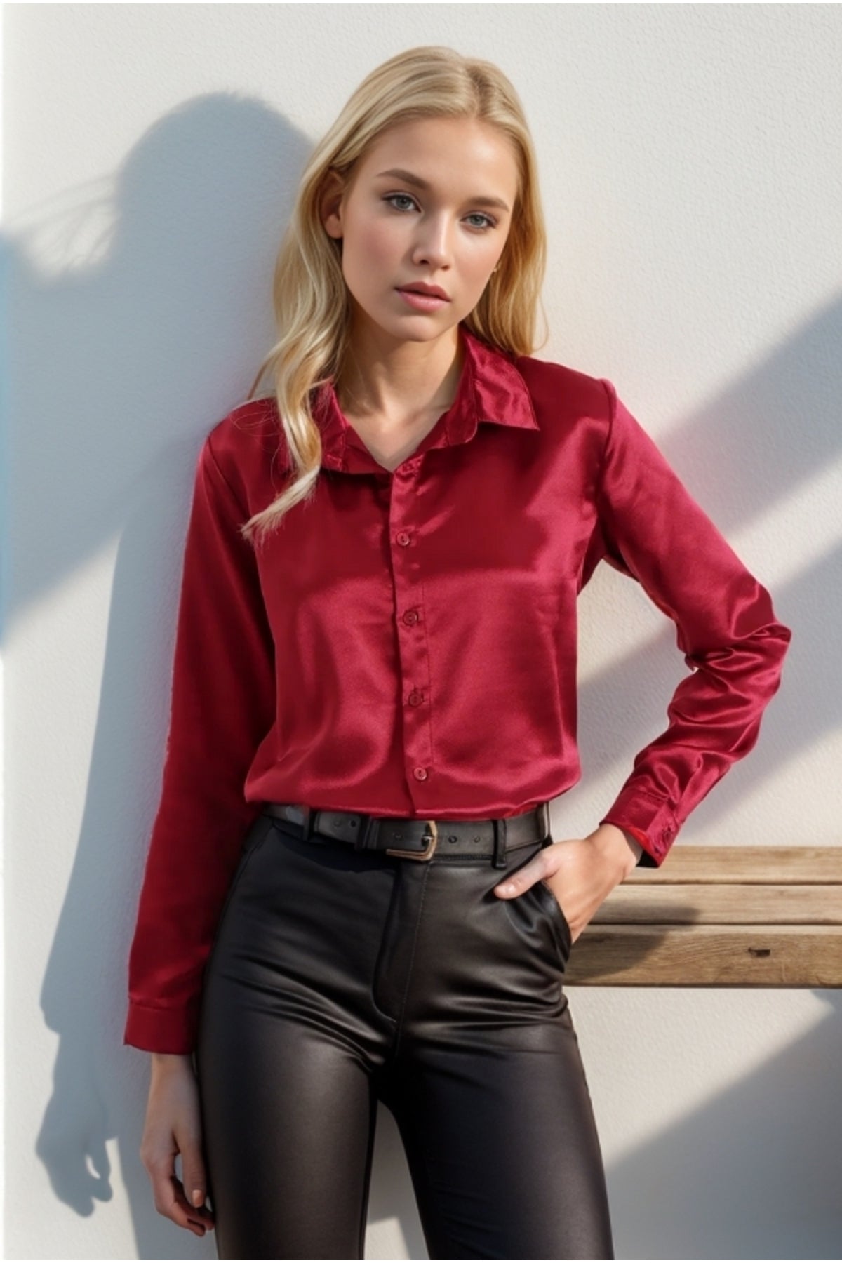 Rebecca Women's Classic Satin Button-Up Shirt - Burgundy