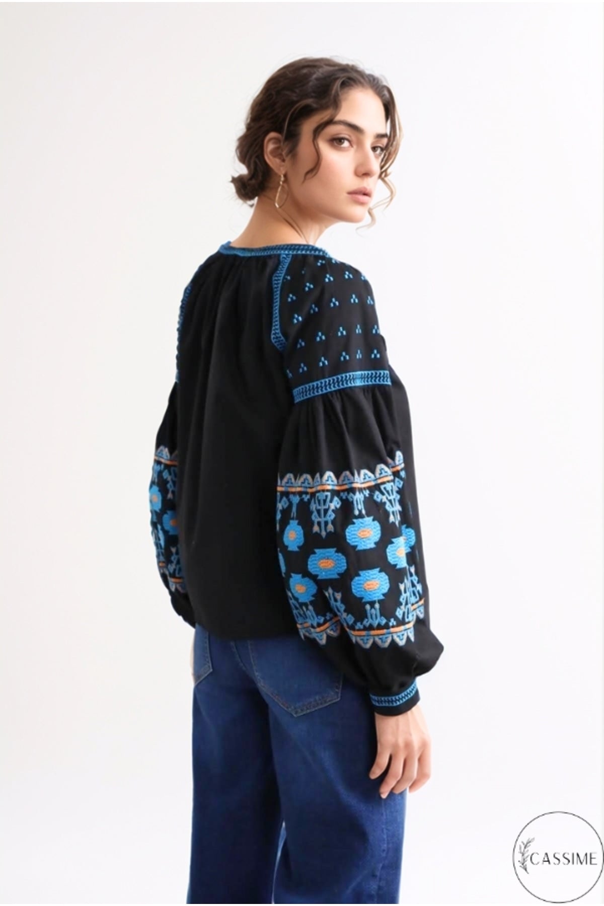 Fiona Women's Boho Print Balloon Sleeve Tie Jacket - Black
