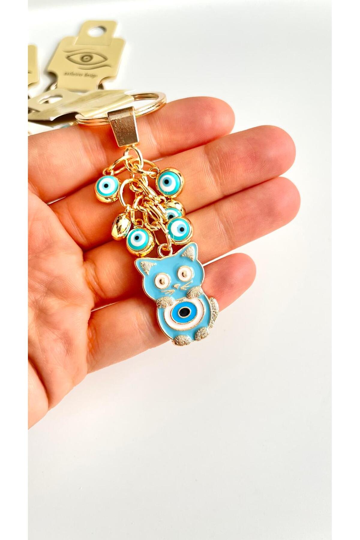 Madeleine Dangling Evil Eye Keychain - Light Blue Cat