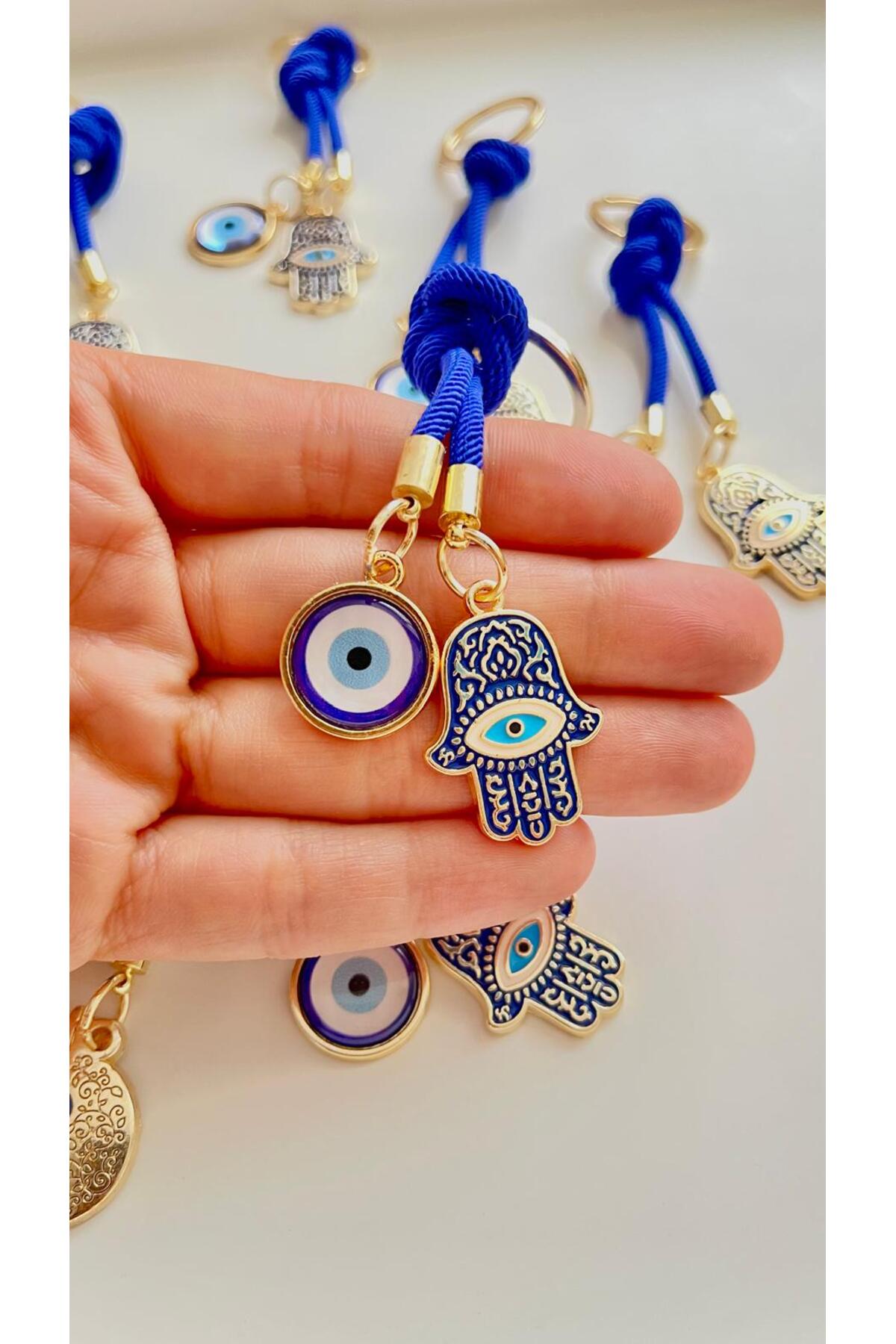 Rose Evil Eye Cord Keychain - Navy and Gold Hamsa Design