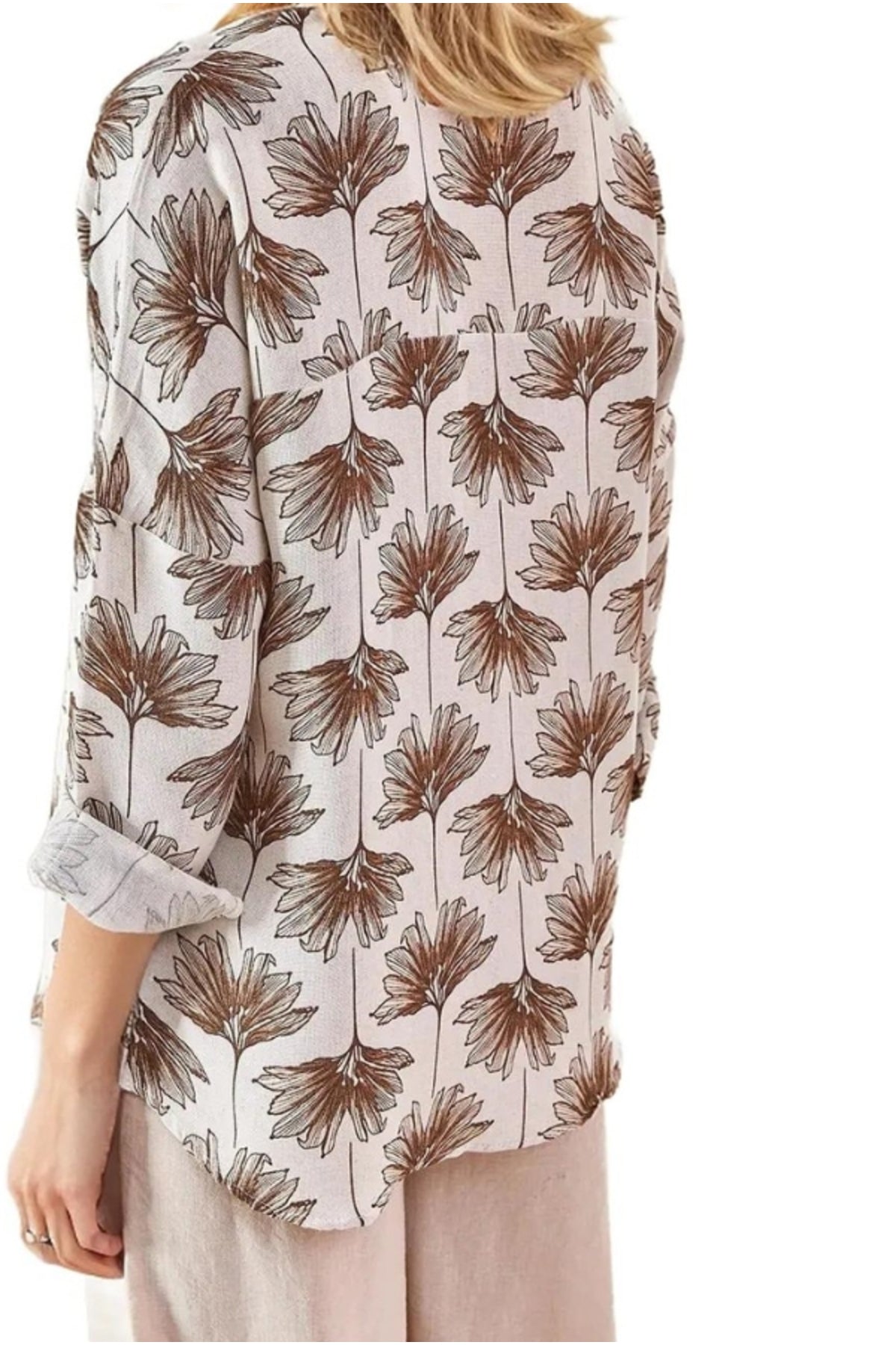 Emilia Women's Linen-Viscose Blend Oversized Printed Shirt - Brown Ginkgo