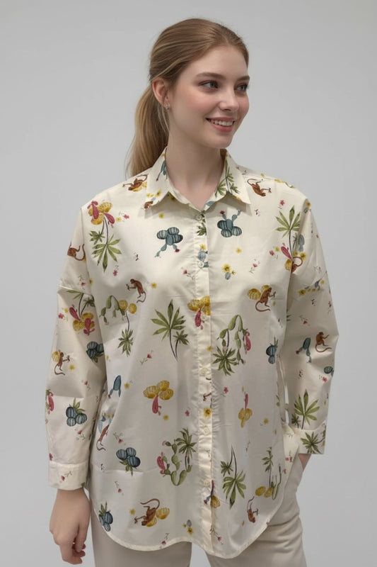 Jane Women's Viscose Monkey and Floral Print Shirt - Cream Monkey Print