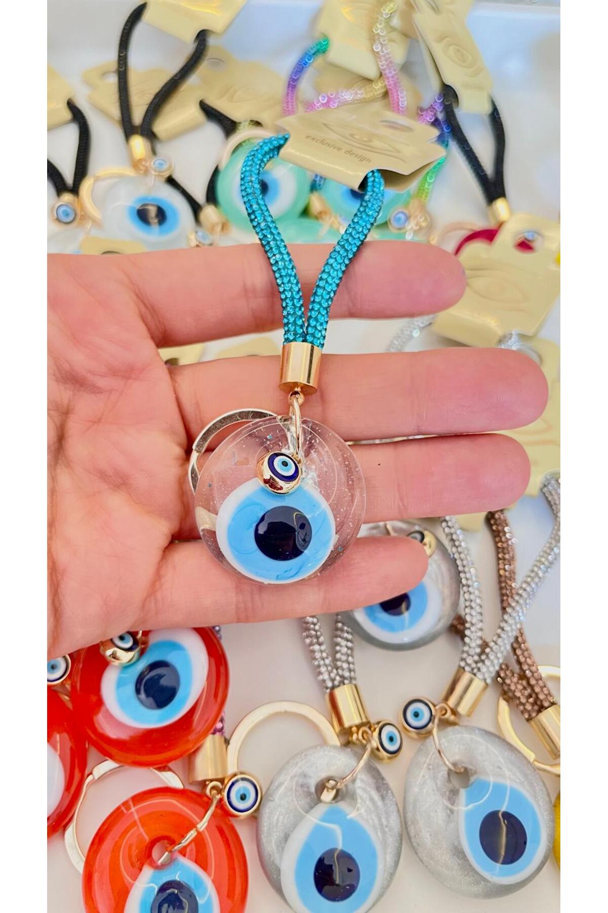 Meredith Glass Evil Eye Cord Charm - Turquoise Cord Transparent Glass