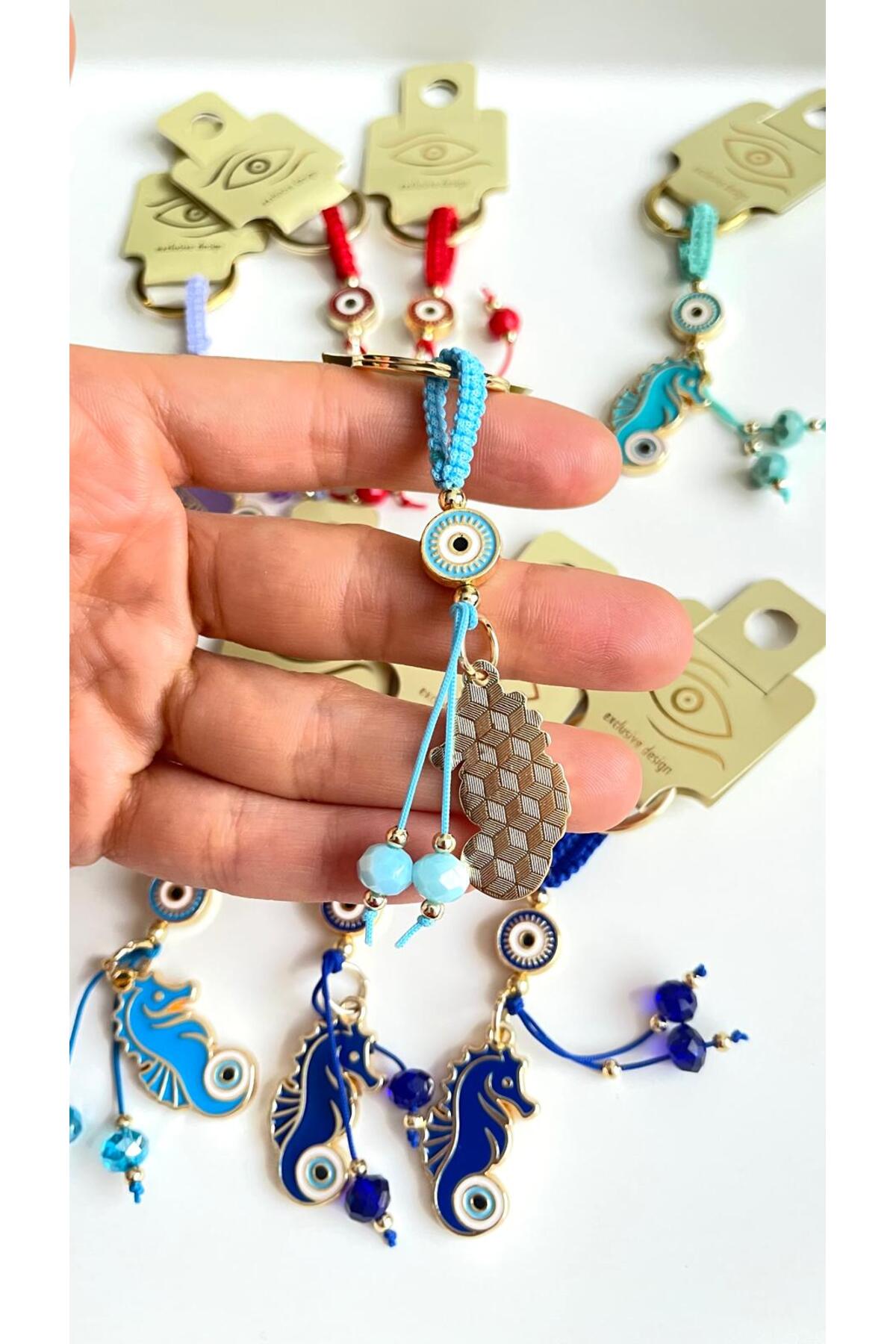 Ivy Gold-Plated Evil Eye Keychain - Light Blue Seahorse