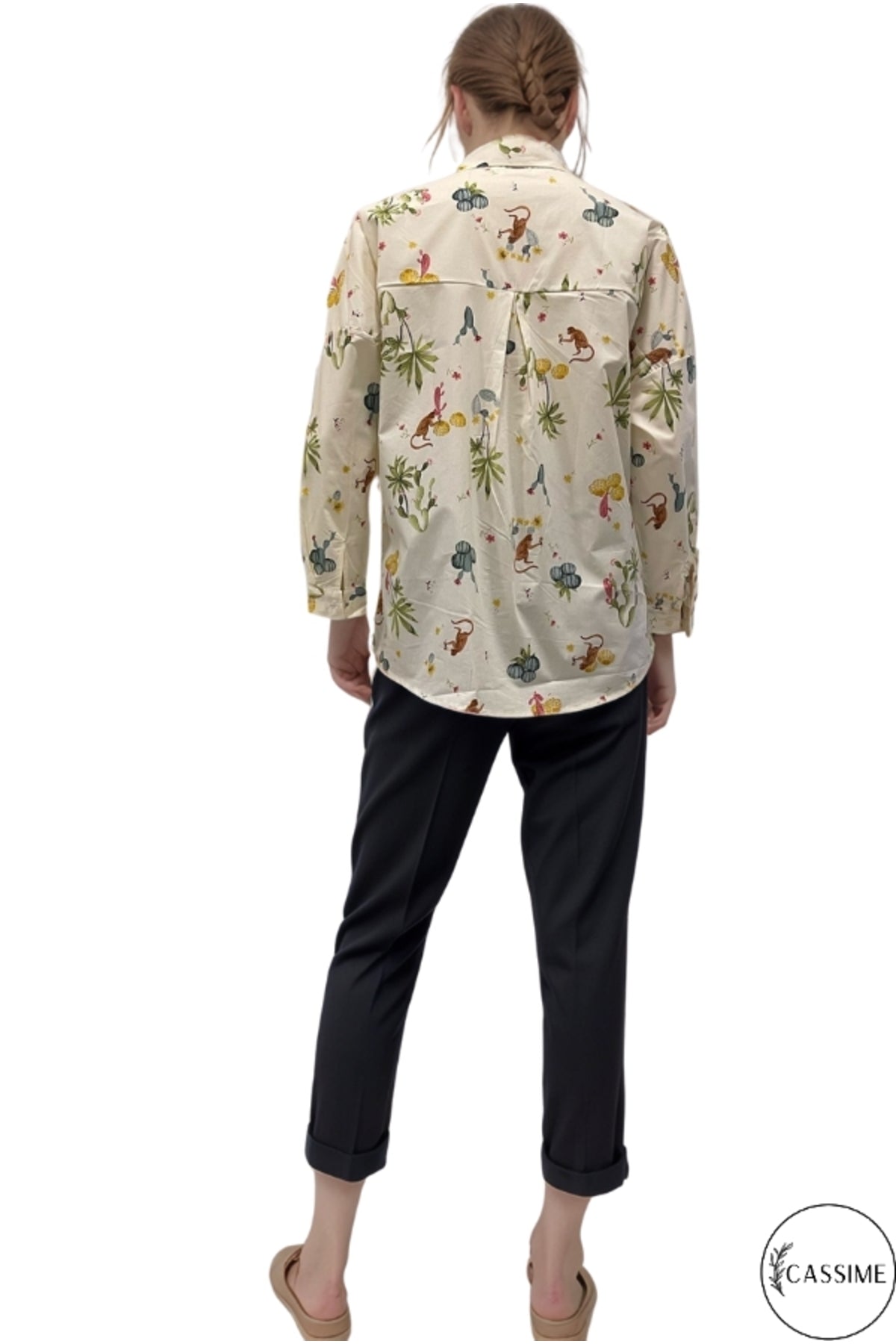 Jane Women's Viscose Monkey and Floral Print Shirt - Cream Monkey Print