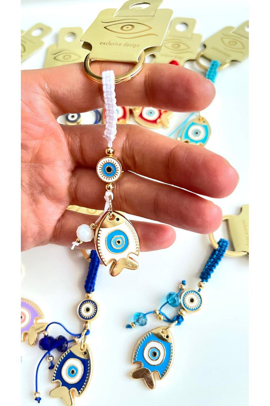 Ivy Gold-Plated Evil Eye Keychain - White Fish Design
