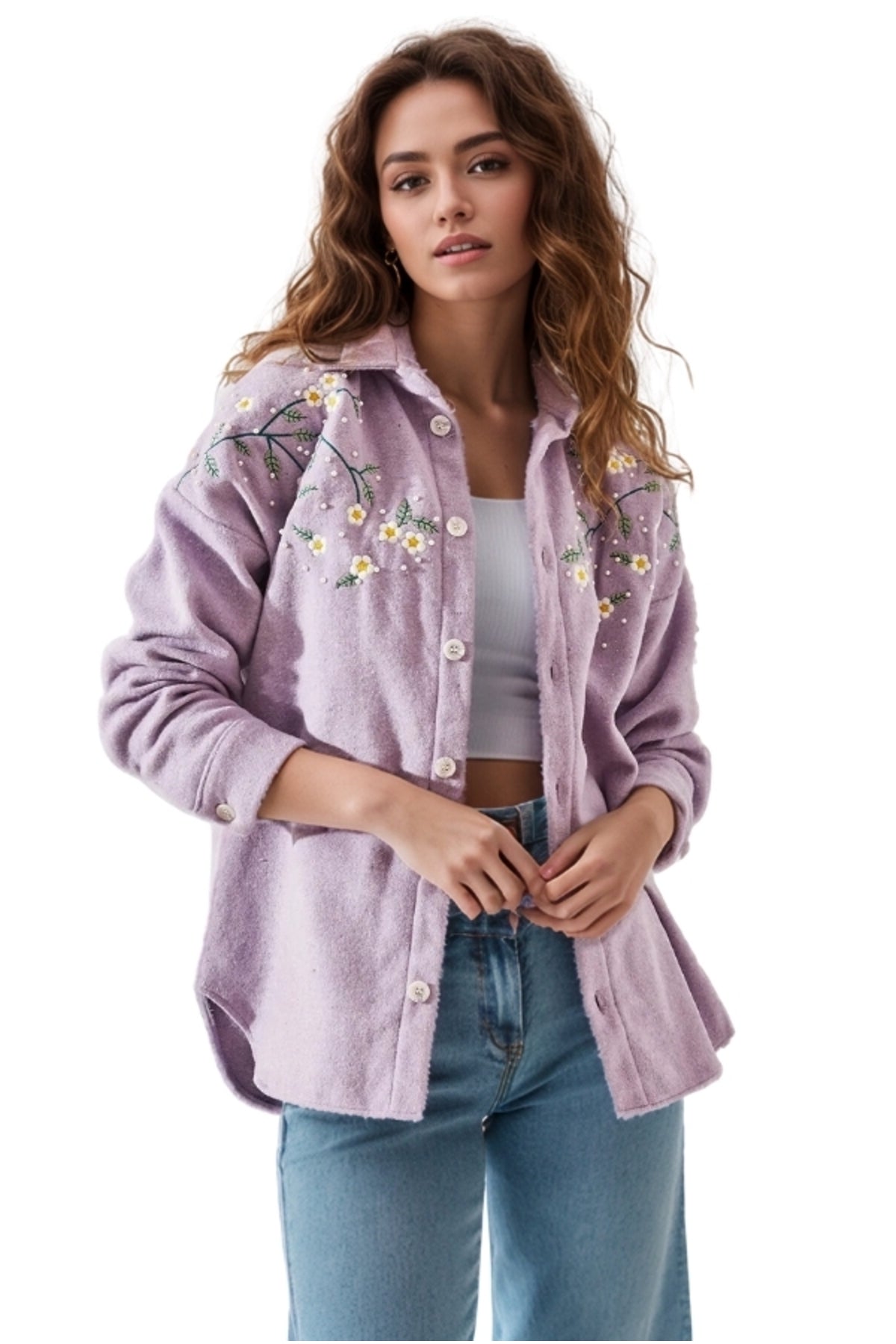 Lydia Women's Daisy Embroidered Shacket - Lilac