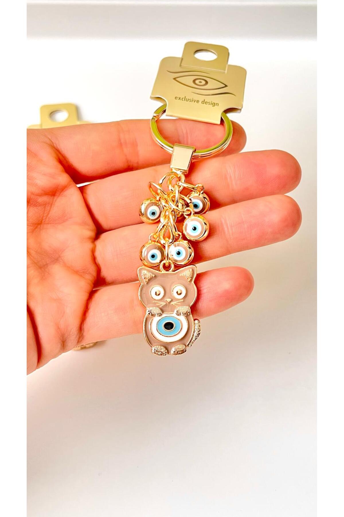 Madeleine Dangling Evil Eye Keychain - Beige Cat Design