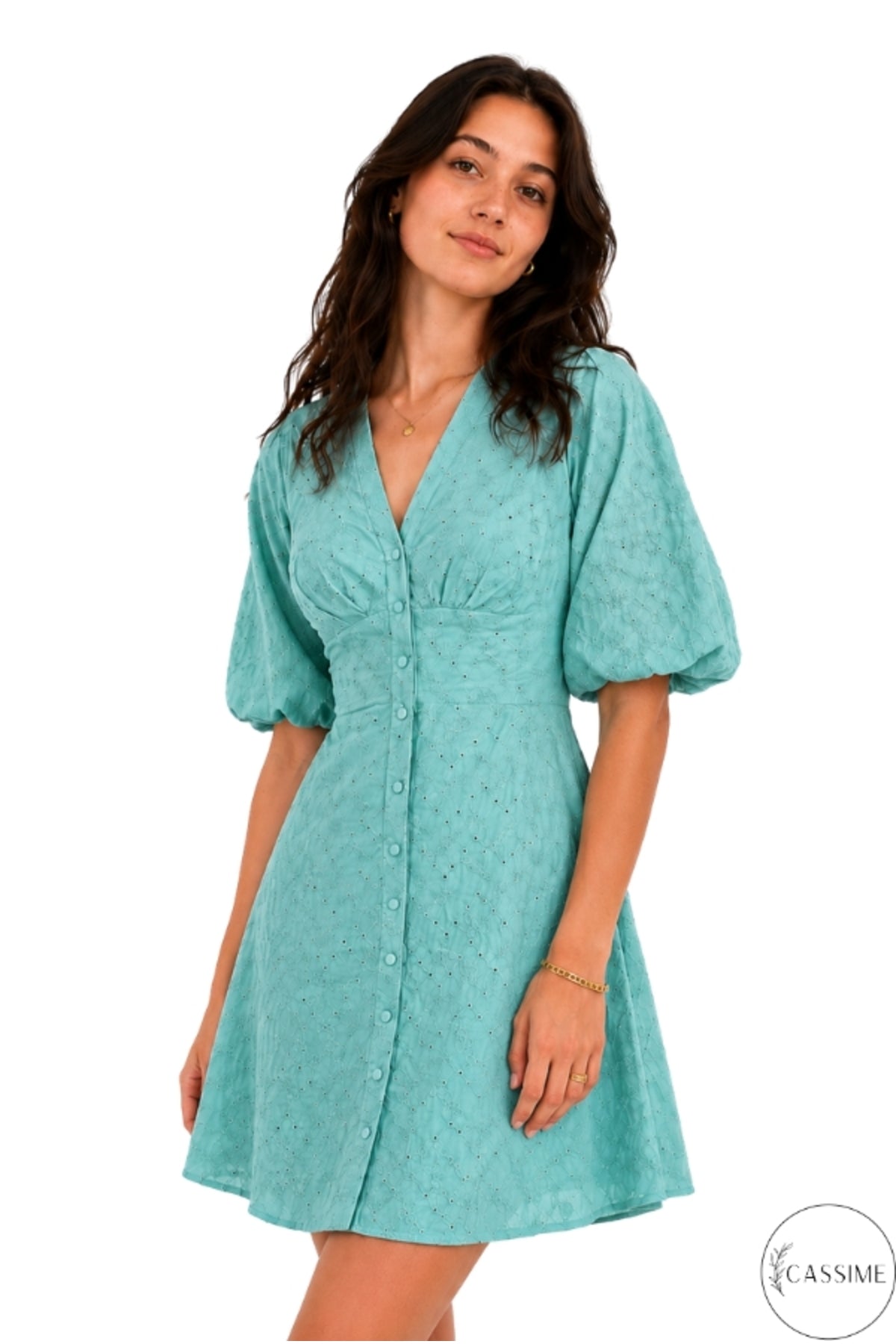 Clara Women's Cotton Blend Broderie Anglaise V-Neck Mini Dress - Almond Green