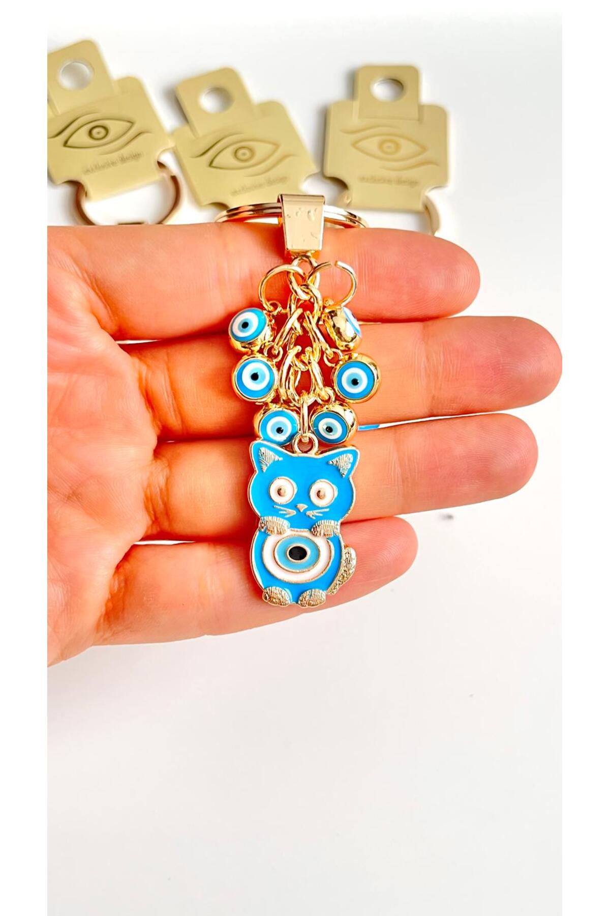 Madeleine Dangling Evil Eye Keychain - Blue Cat Design
