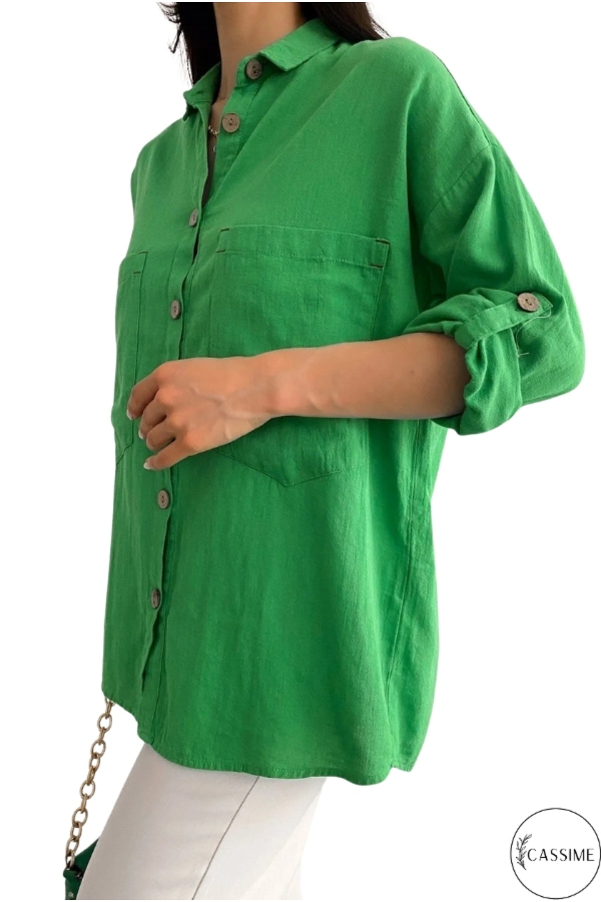 Jasmine Women's Cotton-Linen Blend Oversized Longline Button-Up Shirt - Green