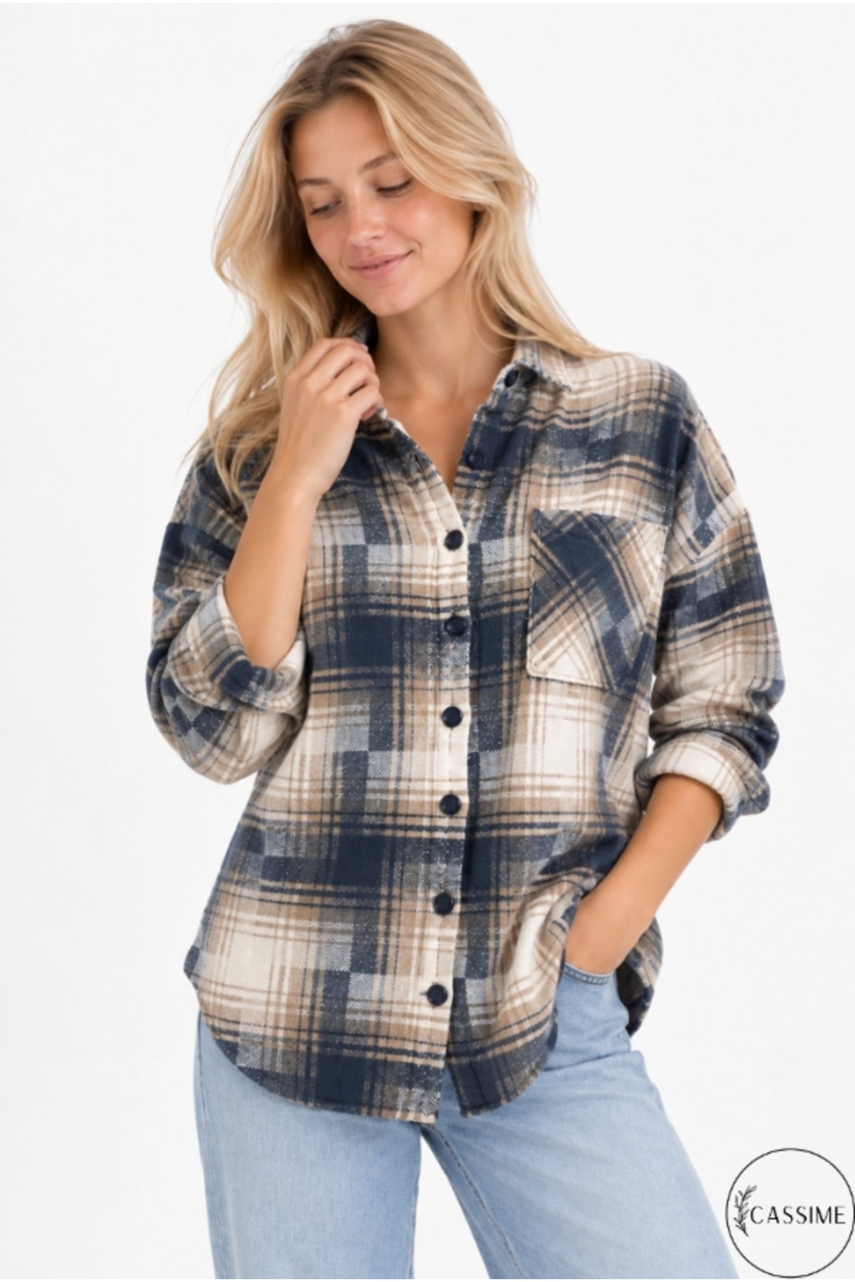 Eleanor Women's Plaid Shacket - Navy and Brown Ecru
