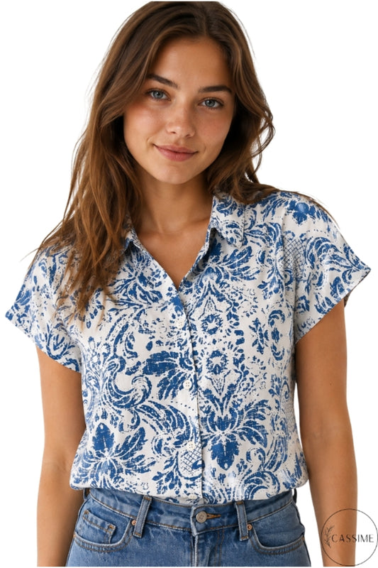 Charlotte Women's Viscose Short Sleeve Batwing Shirt - Blue Boho Floral
