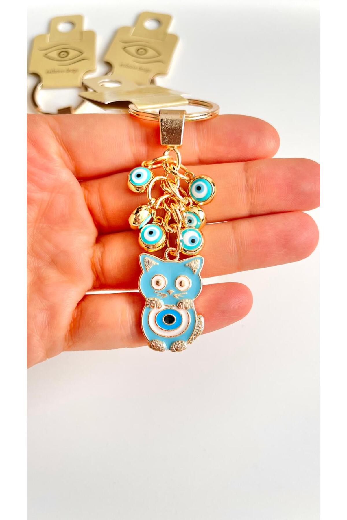 Madeleine Dangling Evil Eye Keychain - Light Blue Cat