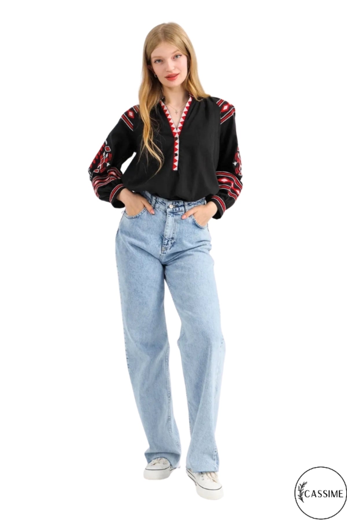 Winifred Women's Cotton-Linen Blend Vintage Inspired Embroidered Blouse - Black