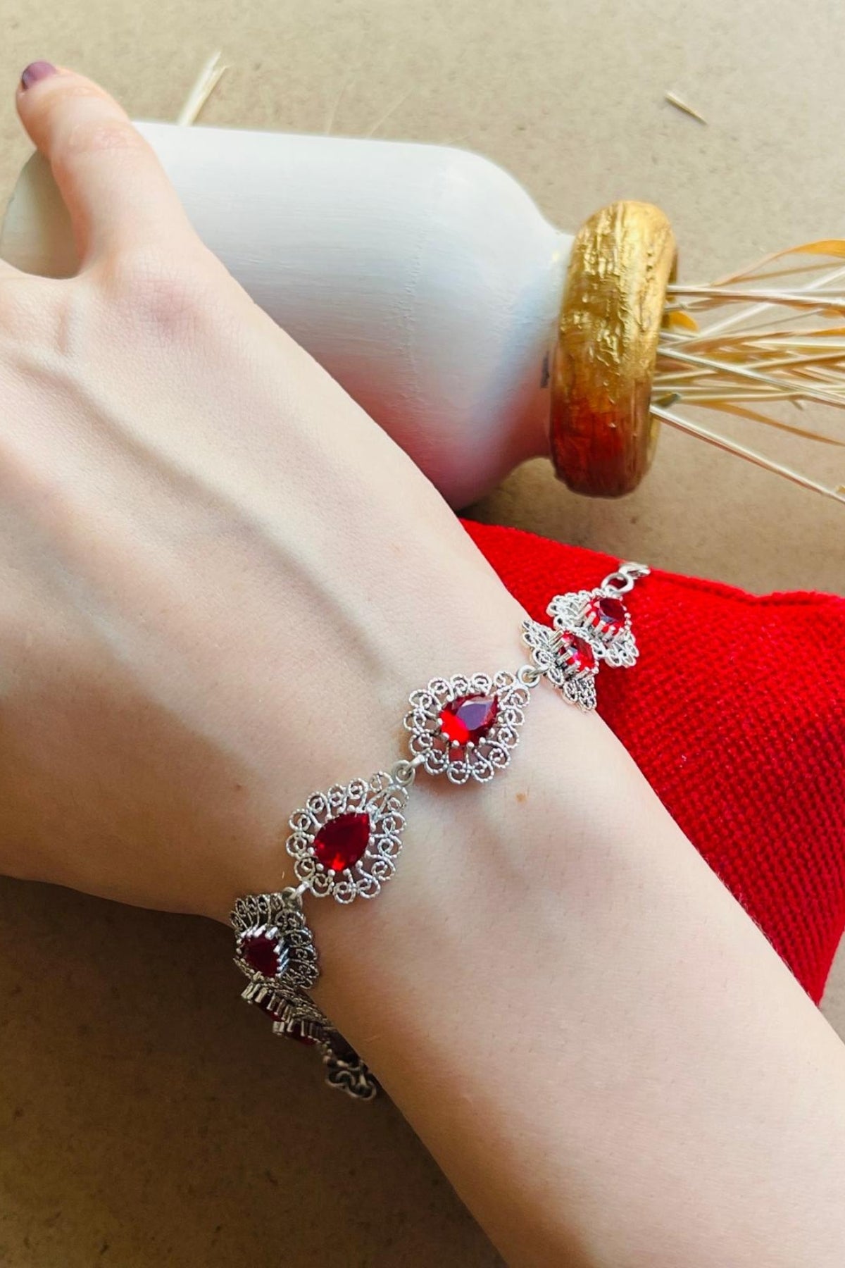 Brooke Seven-Stone Filigree Silver Bracelet - Red Ruby