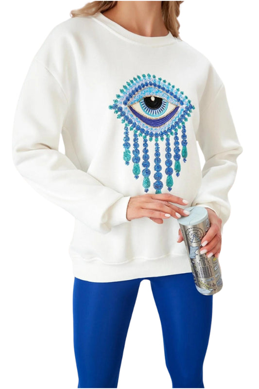 Ava Women's Cotton Embellished Evil Eye Sweatshirt - White