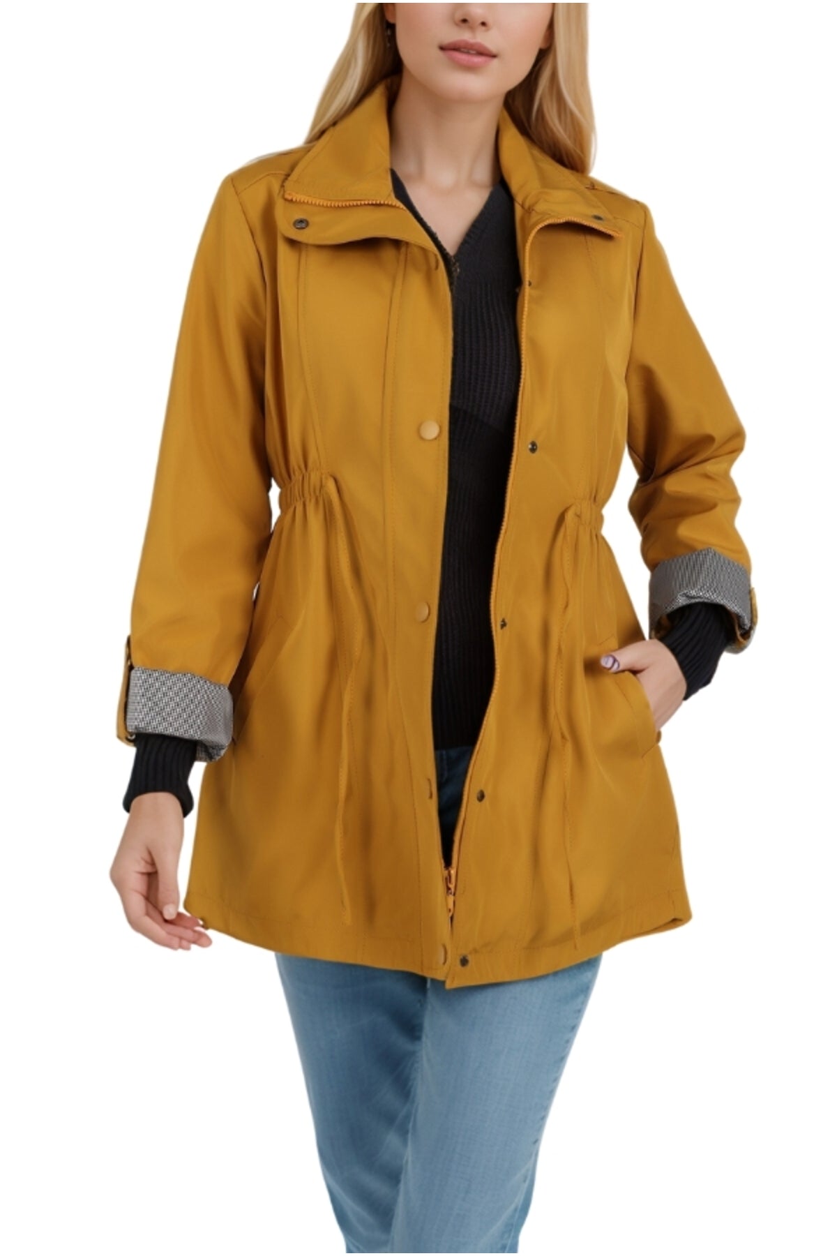 Serena Women's Drawstring Waist Trench Coat - Mustard