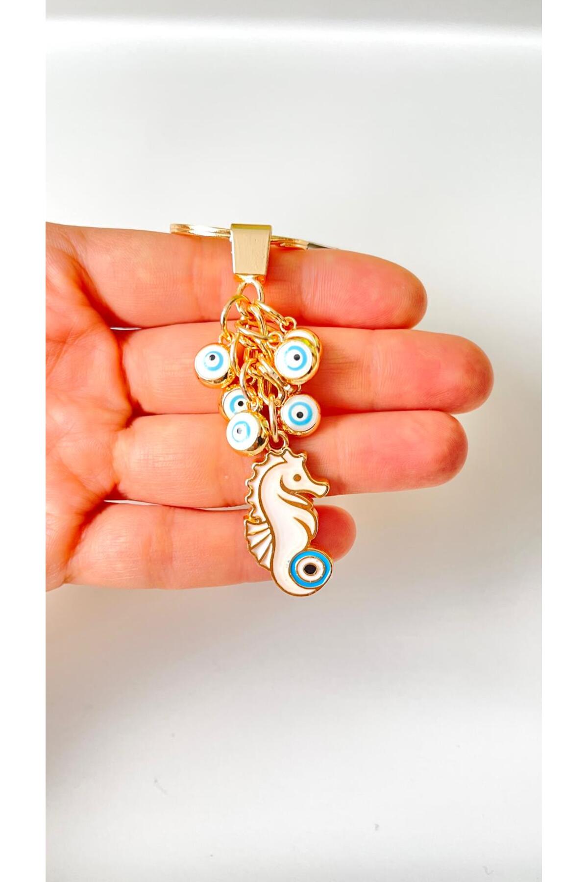 Madeleine Dangling Evil Eye Keychain - White Seahorse