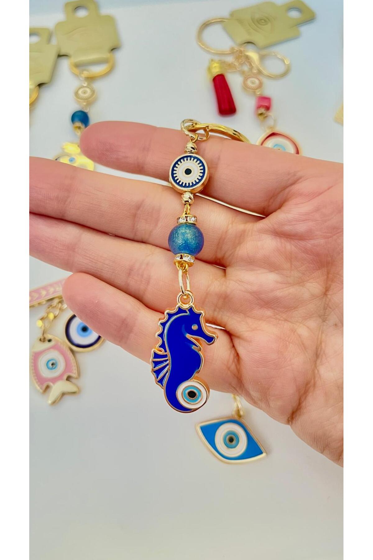 Hannah Gold-Plated Bodrum Bead Keychain - Navy Seahorse