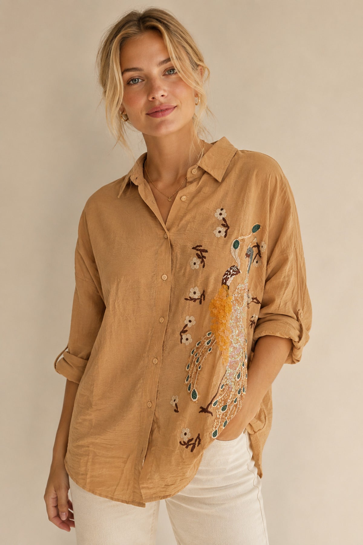 Emily Women's Peacock Sequin Oversized Shirt - Beige Peacock