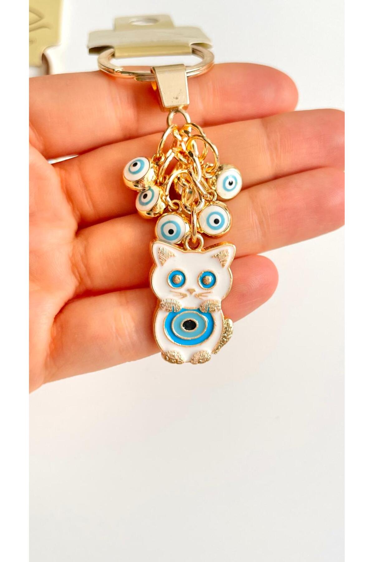 Madeleine Dangling Evil Eye Keychain - White Cat Evil Eye