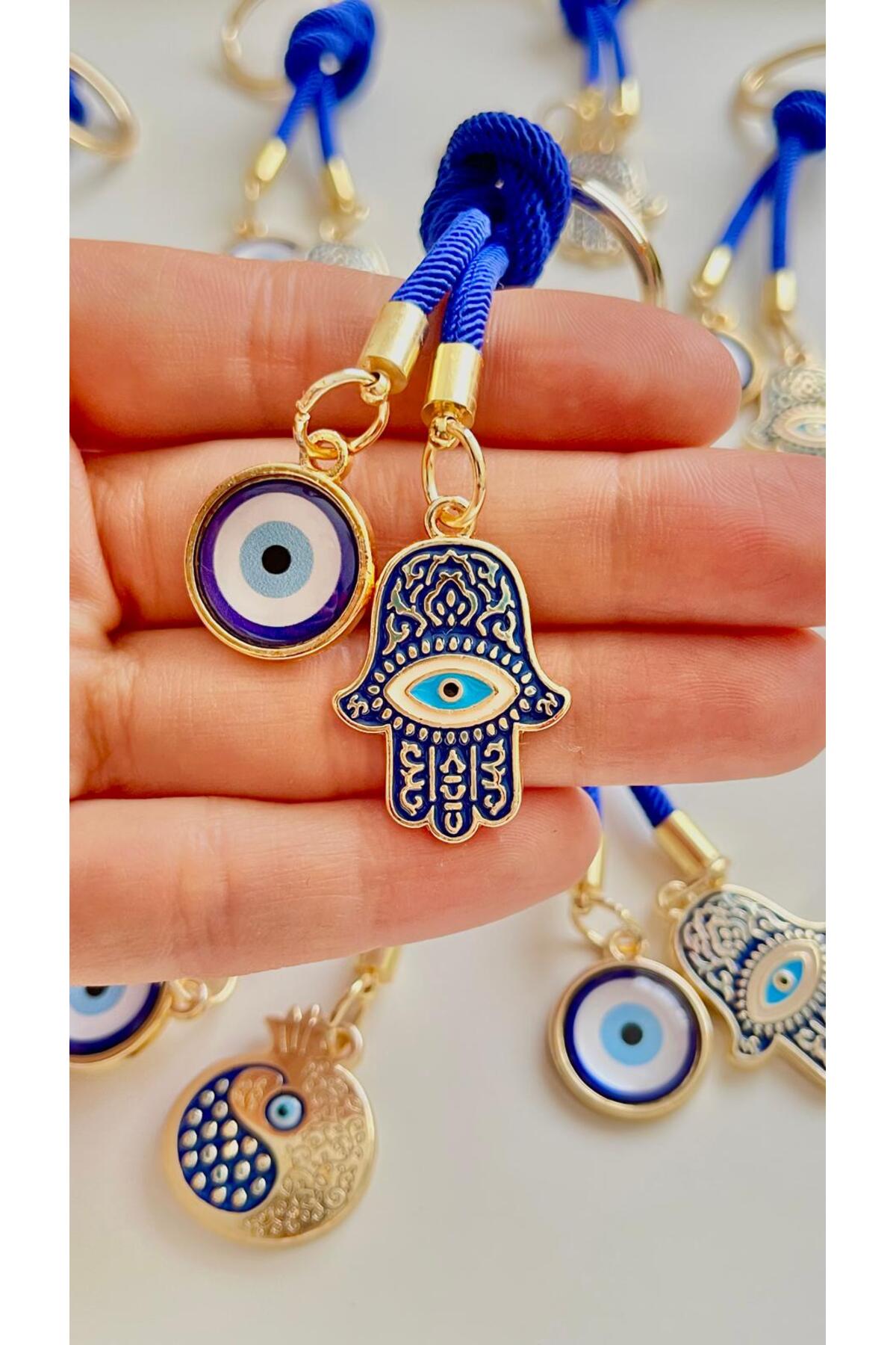 Rose Evil Eye Cord Keychain - Navy and Gold Hamsa Design