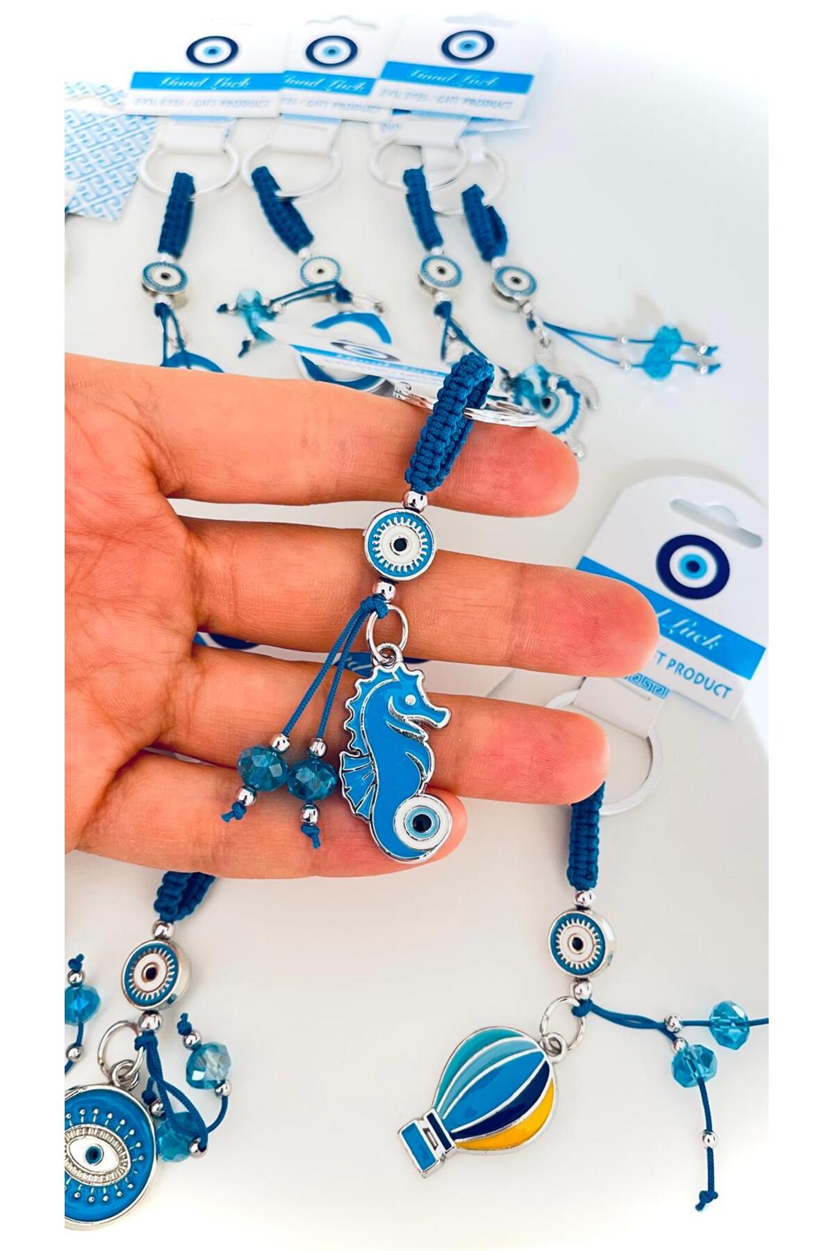 Abigail Silver-Plated Evil Eye Keychain - Blue Seahorse Design