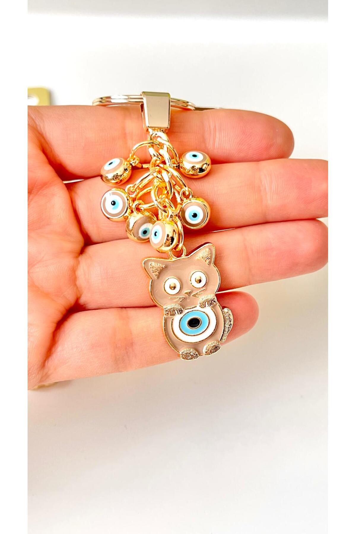 Madeleine Dangling Evil Eye Keychain - Beige Cat Design