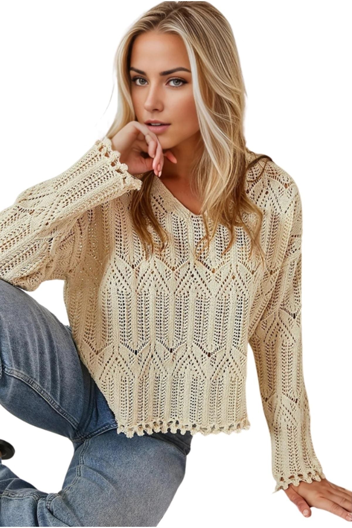 Christina Women's Openwork Knit Sweater - Beige