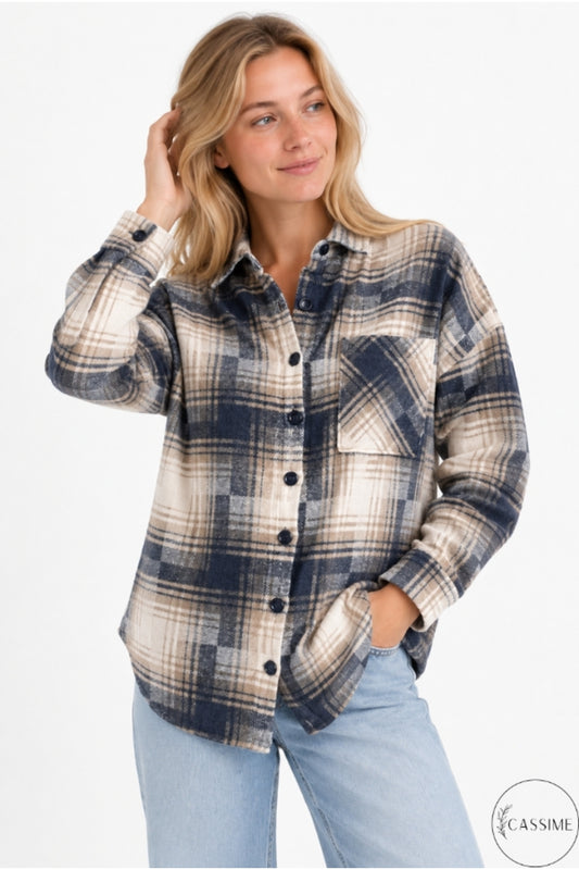 Eleanor Women's Plaid Shacket - Navy and Brown Ecru