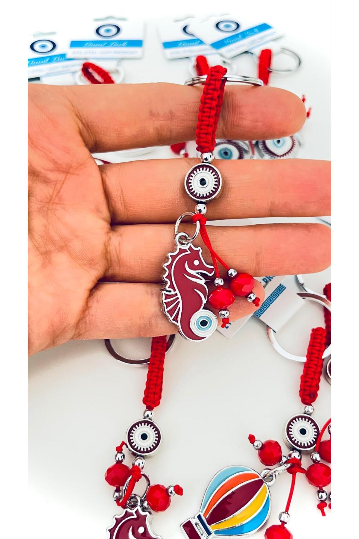 Abigail Silver-Plated Evil Eye Keychain - Red Seahorse Design