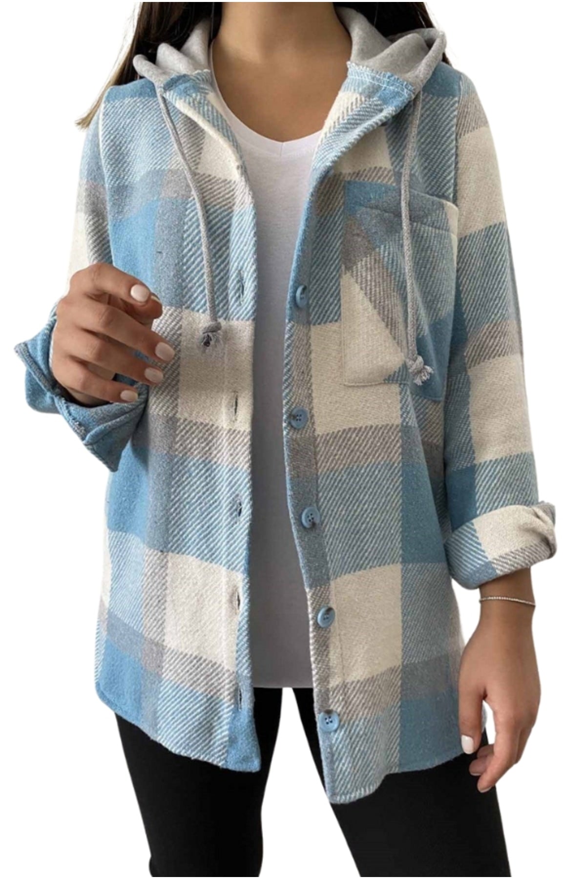 Madeline Women's Hooded Plaid Shacket - Blue