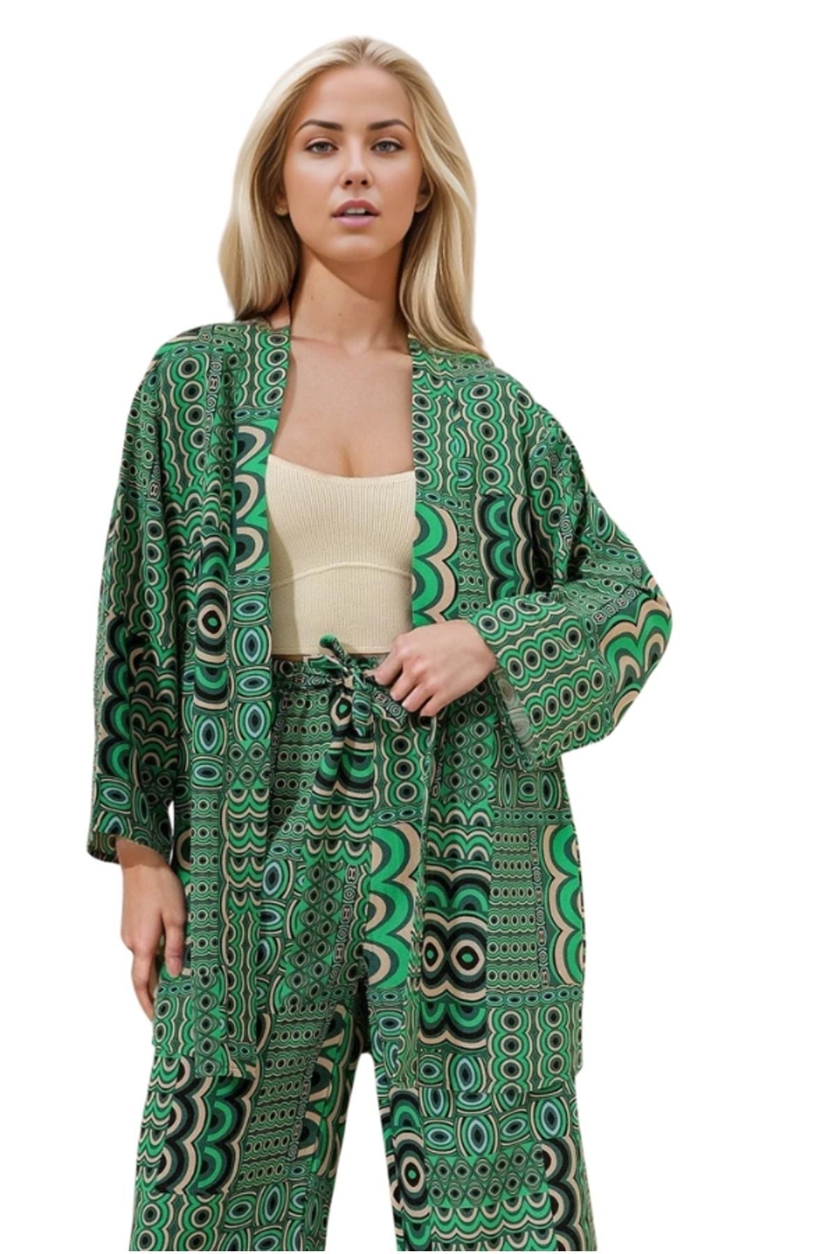 Catherine Women's Linen-Viscose Blend Relaxed Fit Kimono - Green Geometric Print