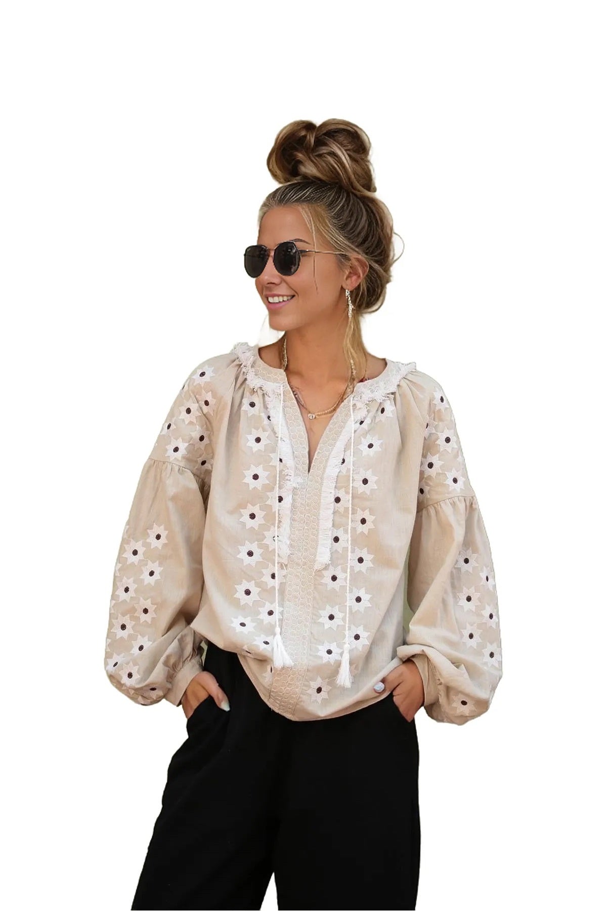 Penelope Women's Cotton Vintage Inspired Embroidered Blouse - Beige Star