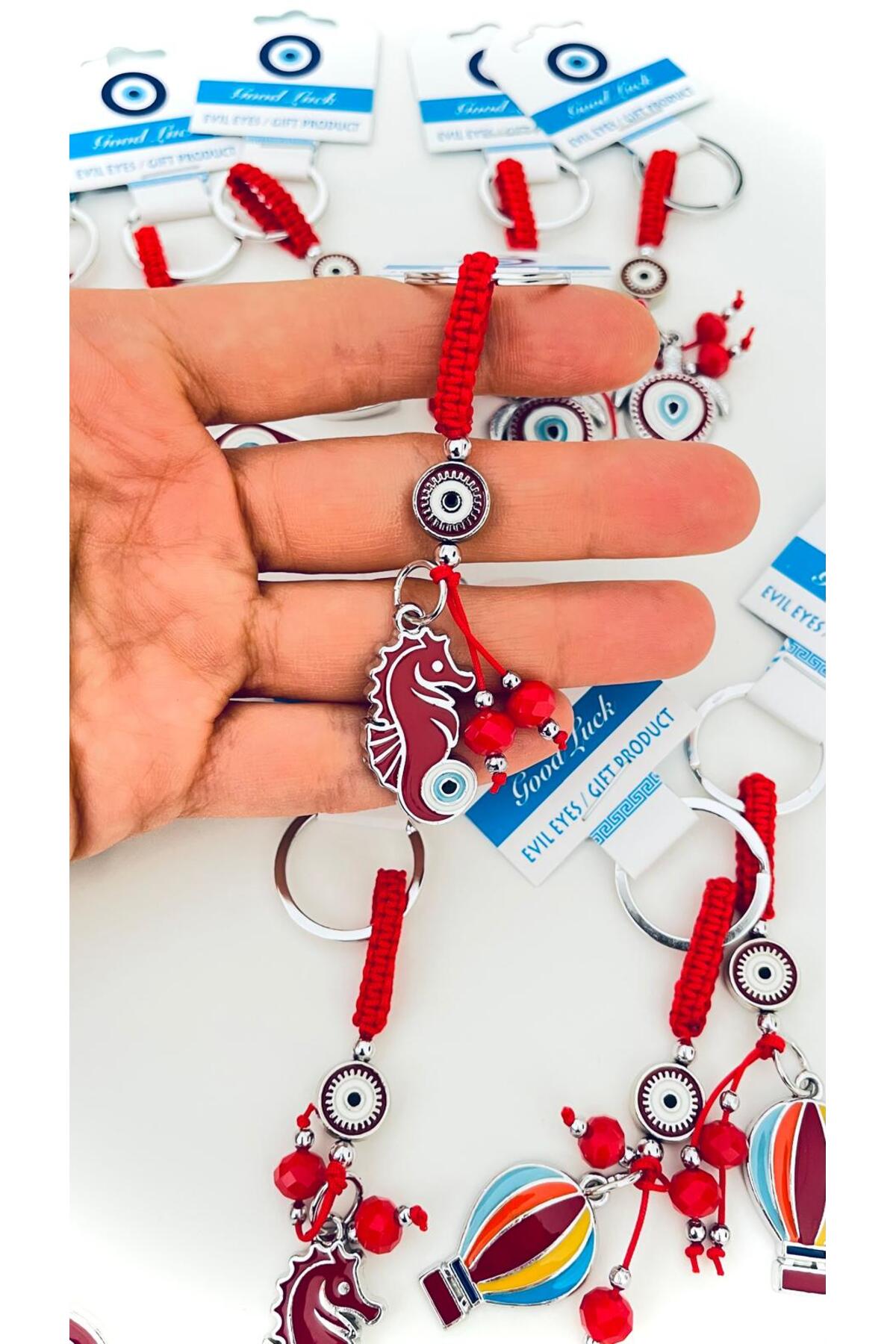 Abigail Silver-Plated Evil Eye Keychain - Red Seahorse Design