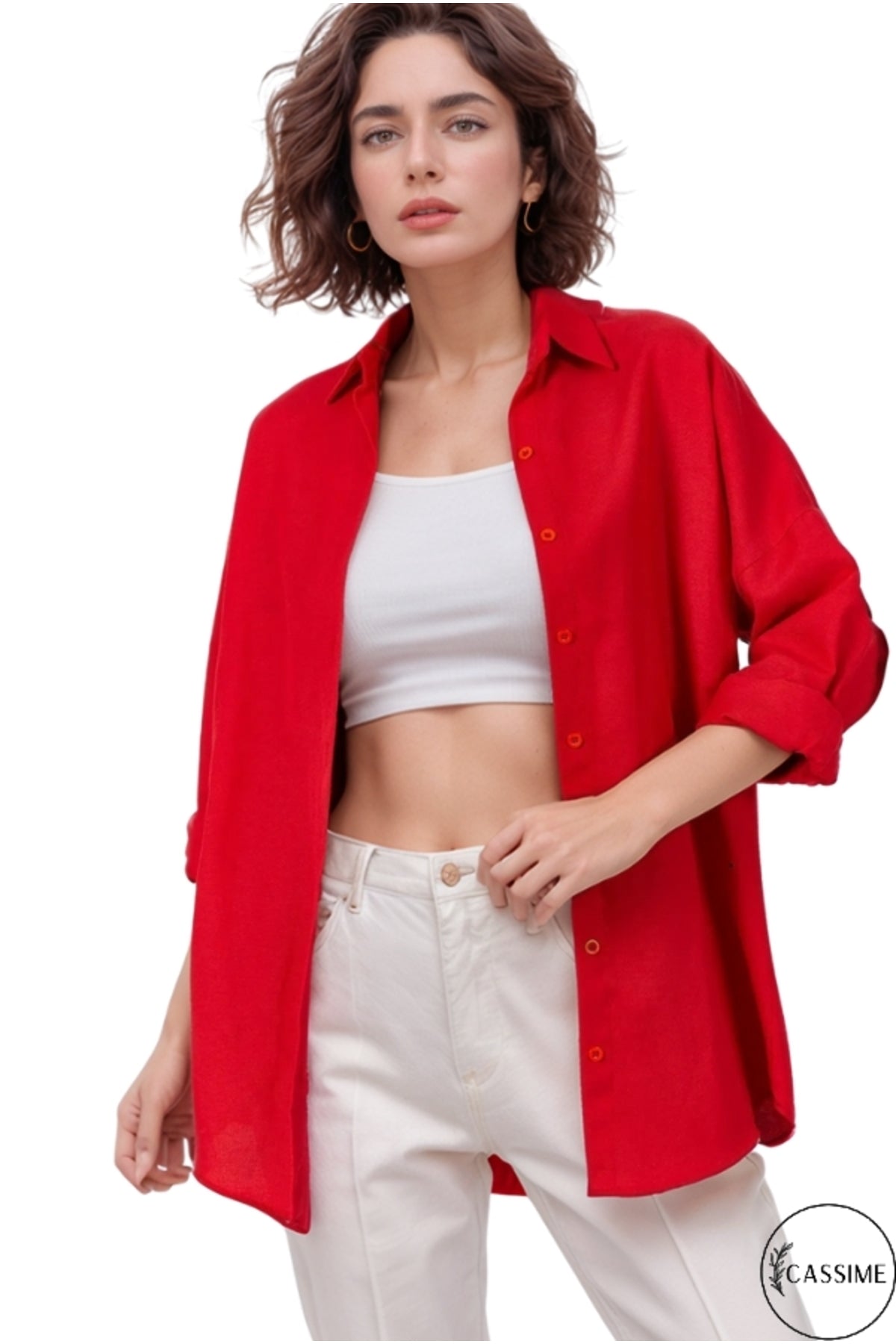 Melissa Women's Cotton Blend Oversized Longline Shirt - Red