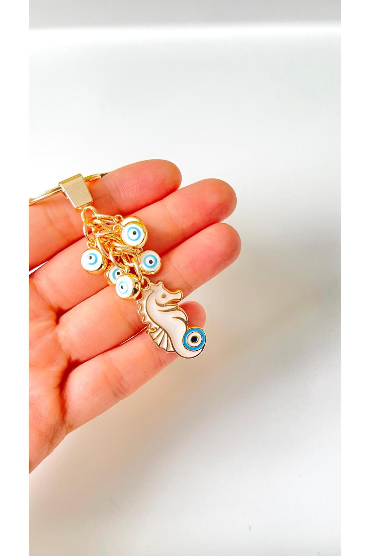 Madeleine Dangling Evil Eye Keychain - White Seahorse