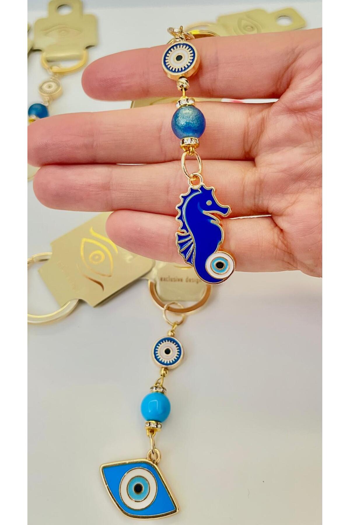 Hannah Gold-Plated Bodrum Bead Keychain - Navy Seahorse
