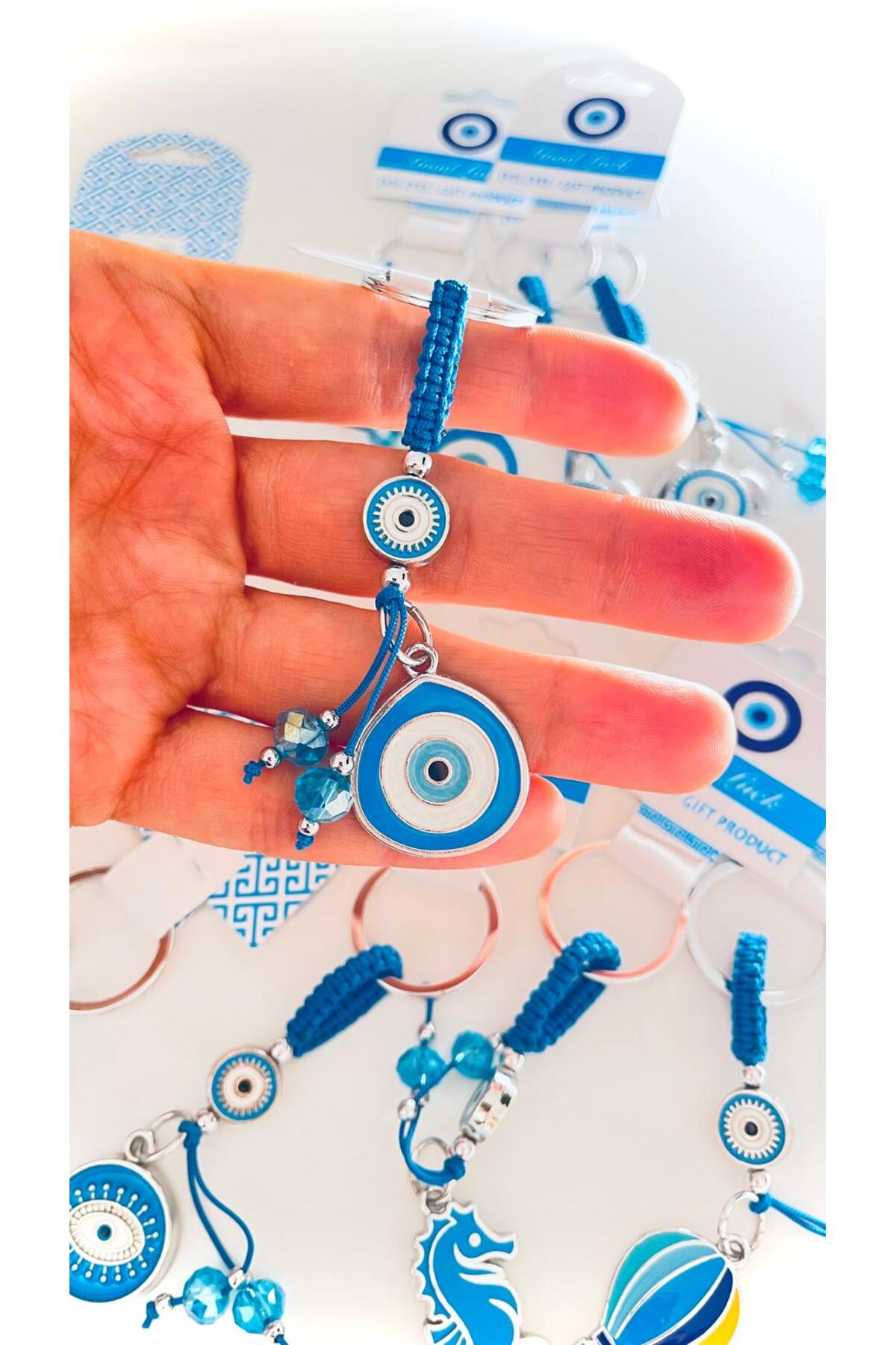 Abigail Silver-Plated Evil Eye Keychain - Blue Teardrop Evil Eye Design