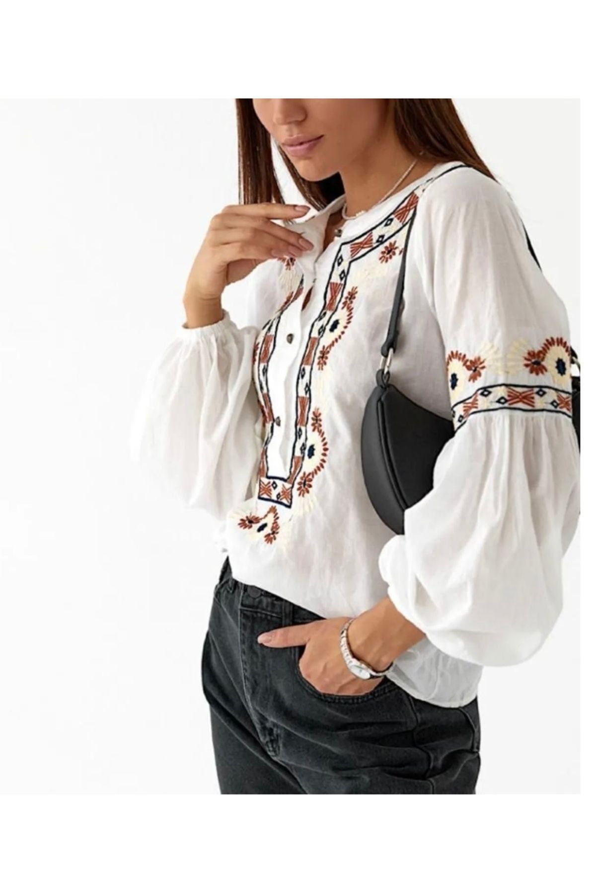 Summer Women's Cotton Boho Embroidered Button-Up Blouse - White