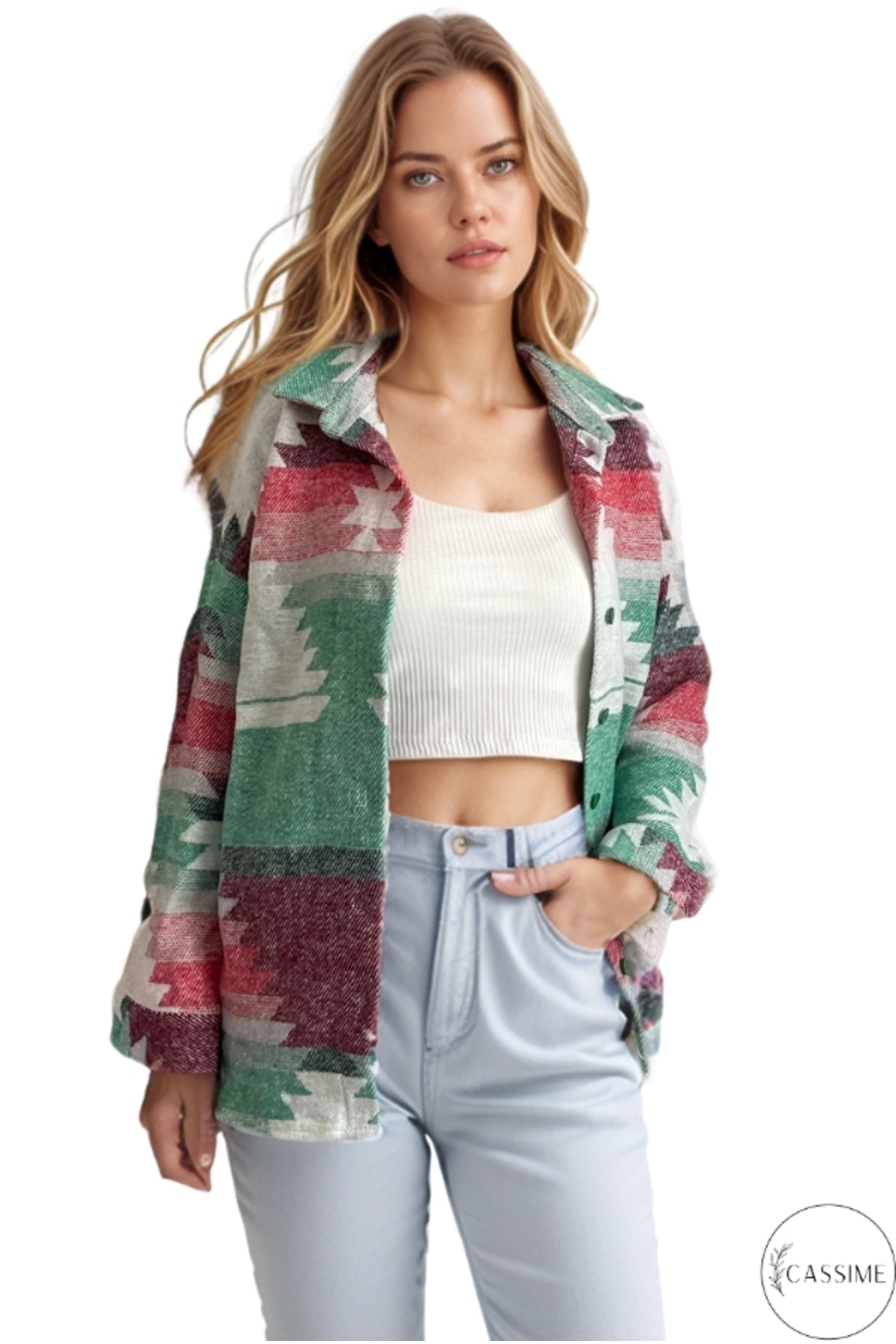 Ellen Women's Boho Print Button-Up Shacket - Green and Red Boho Print