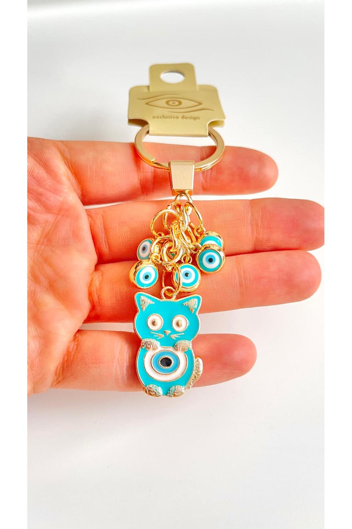 Madeleine Dangling Evil Eye Keychain - Turquoise Cat Evil Eye