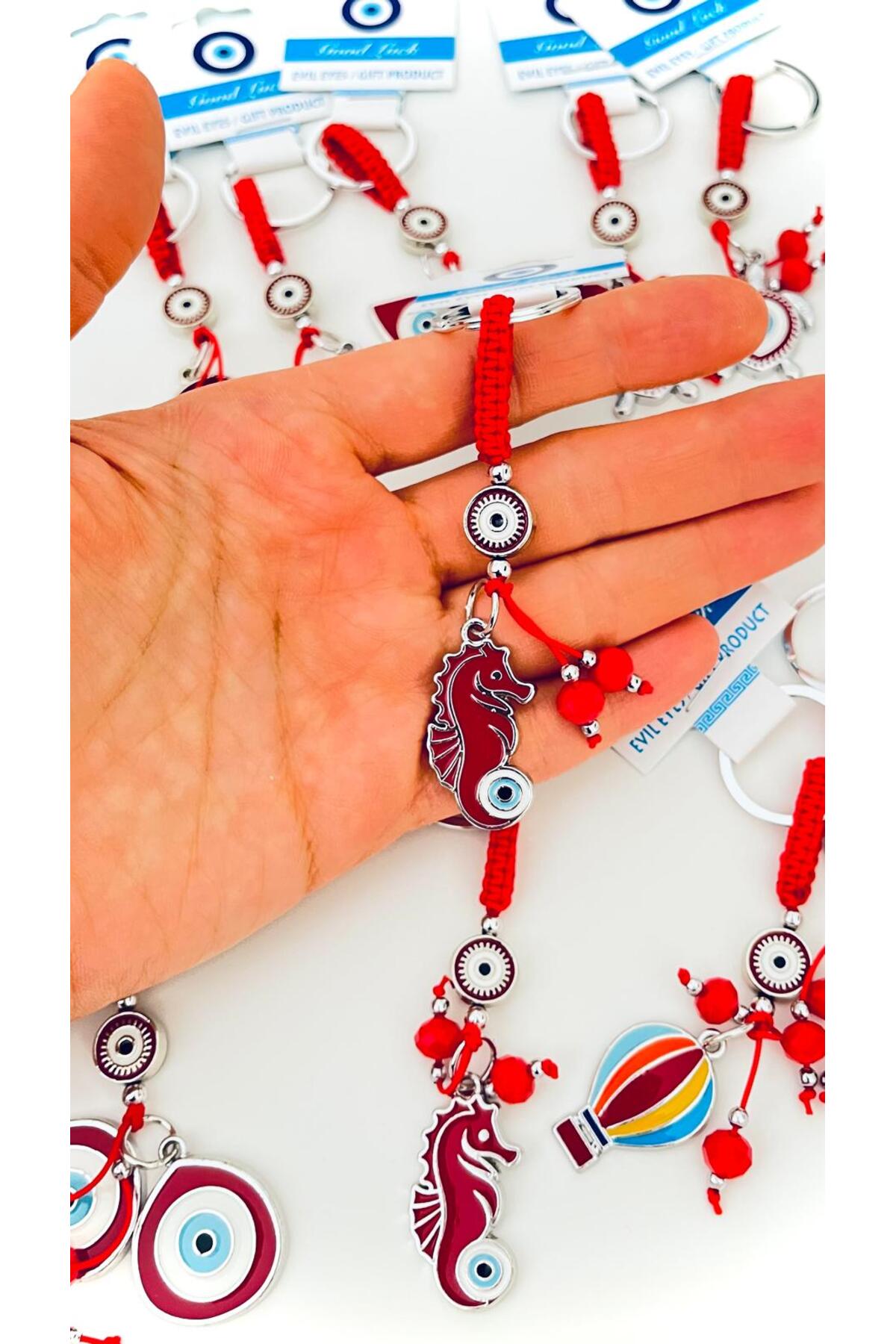 Abigail Silver-Plated Evil Eye Keychain - Red Seahorse Design