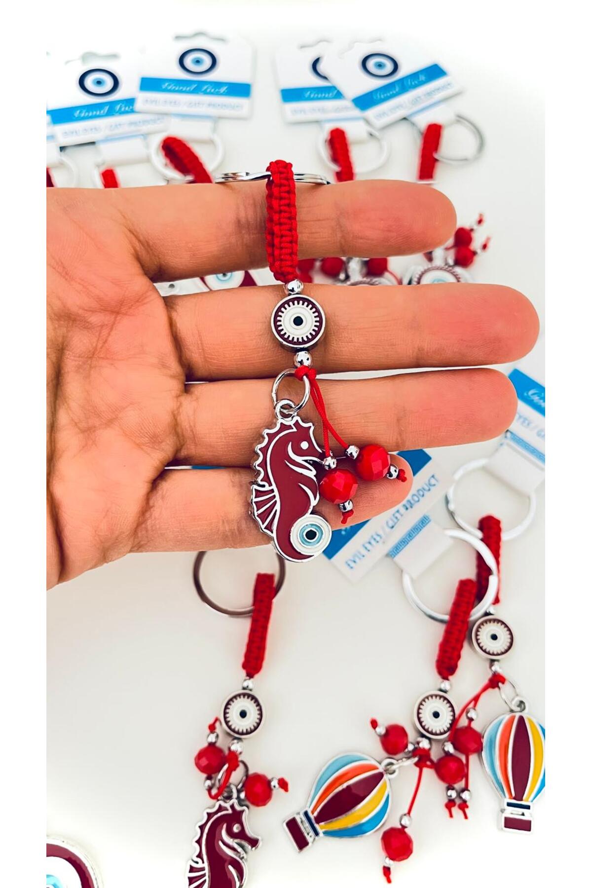 Abigail Silver-Plated Evil Eye Keychain - Red Seahorse Design